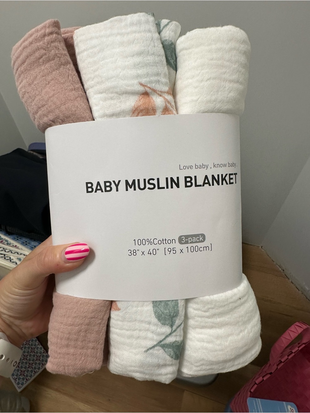 Baby Muslin Blanket 3-Pack - Pink, White & Pattern